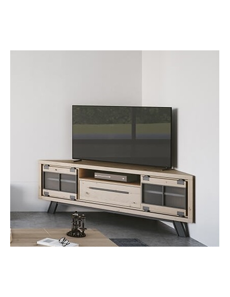 JULIUS - Meuble TV coin 170 cm 2 portes coulissantes 1 tiroir Chêne massif 