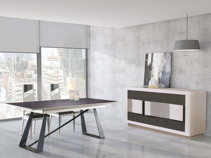 COLOMBIA - Table rectangulaire pieds acier, plateau céramique, 1 allonge de 80 cm en portefeuille 