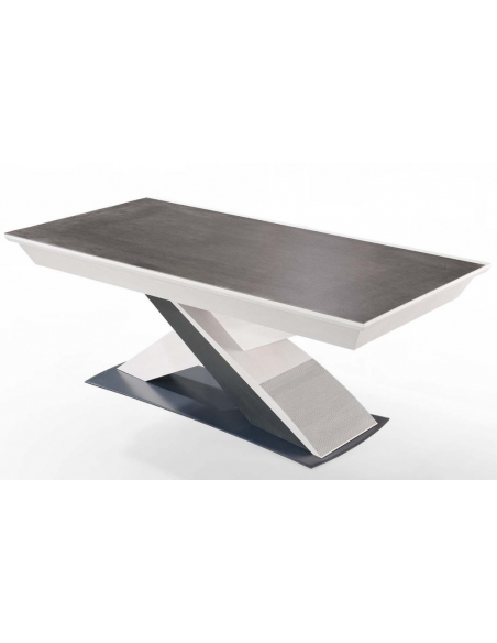 COLOMBIA - Table rectangulaire pieds acier, plateau céramique, 1 allonge de 80 cm en portefeuille 
